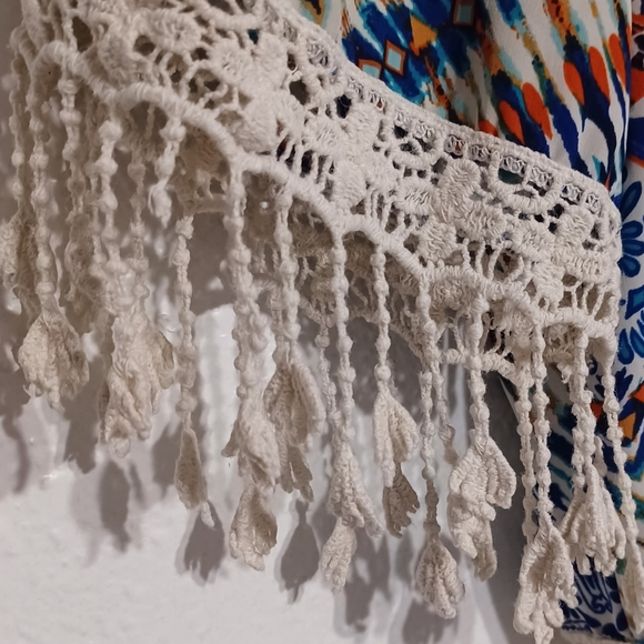 Colorful Patterned Cold Shoulder Blouse Macrame Lace Hems mm mm mm Medium - Picture 11 of 13